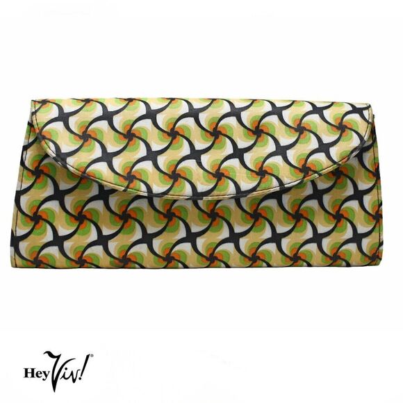 Vintage Clutch Purse Hand Bag w Mod Black Green Gold Swirl Print 12x6" - Hey Viv - Picture 1 of 6